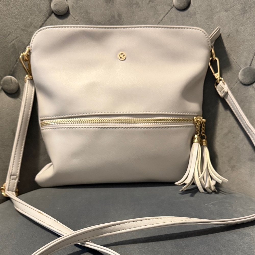 Gray Crossbody Bag with Tassel and Front Zip Pocket